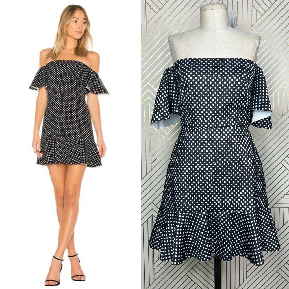 Saloni Amelia Neoprene Mini Polka‎ Dot Dress Black White Size 6